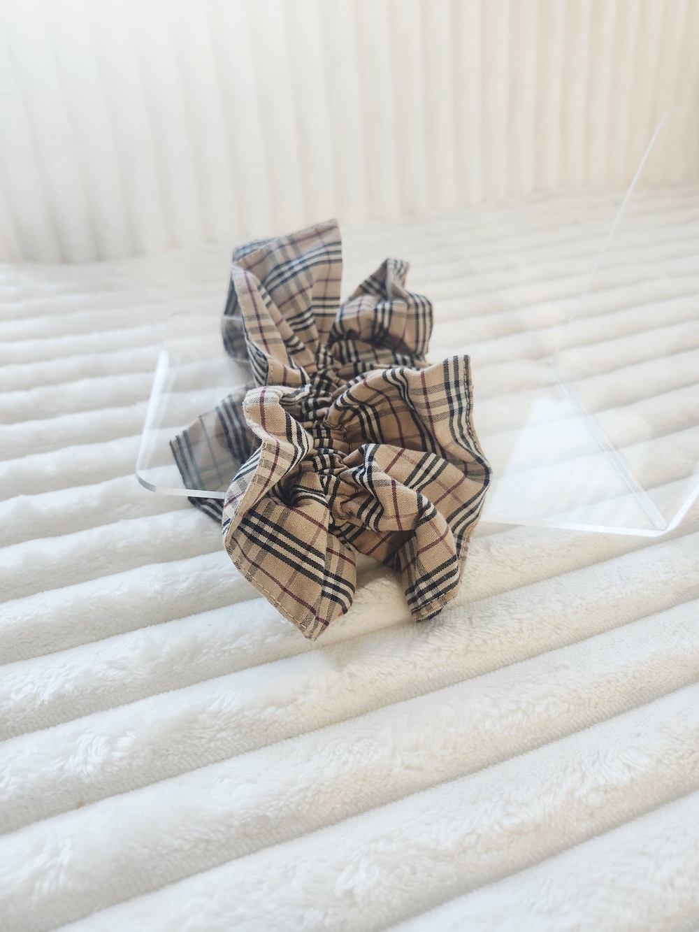 Classic Check Plaid Hair Scrunchie Tan Black Oversized